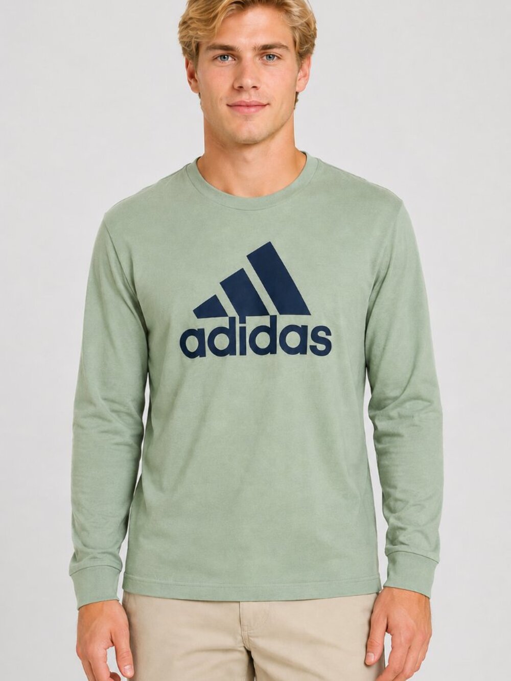 Adidas Sage Green Long Sleeve T-Shirt Men's Size Small 100% Cotton Black Logo